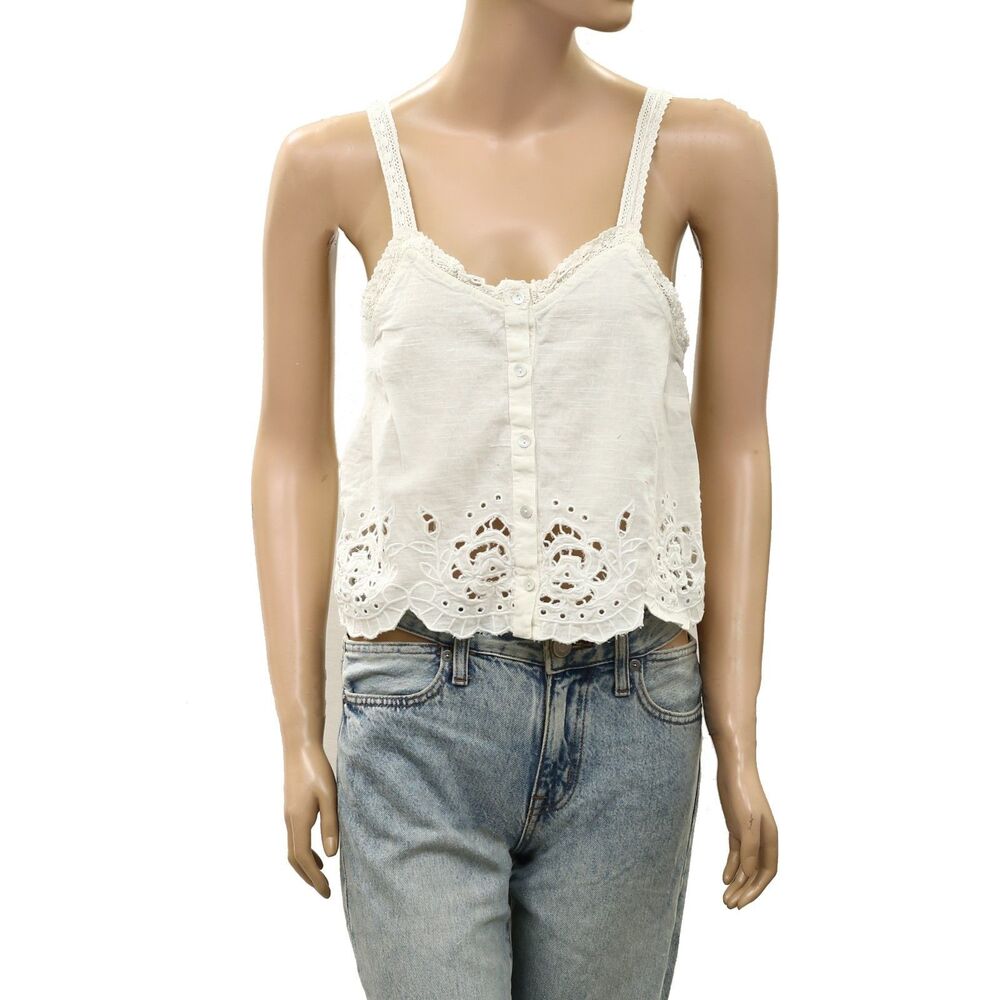 By Anthropologie Scallop-Trim Lace Tank Top Eyelet Embroidered Cotton XS 291051